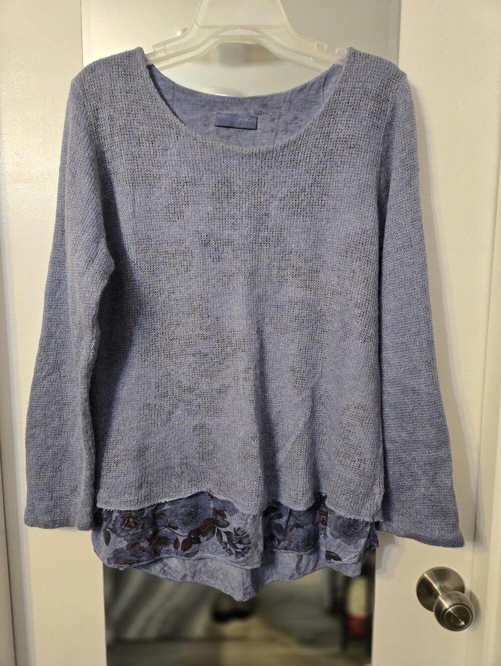 Light Blue Layered Knit Sweater with Floral Hem Lining
